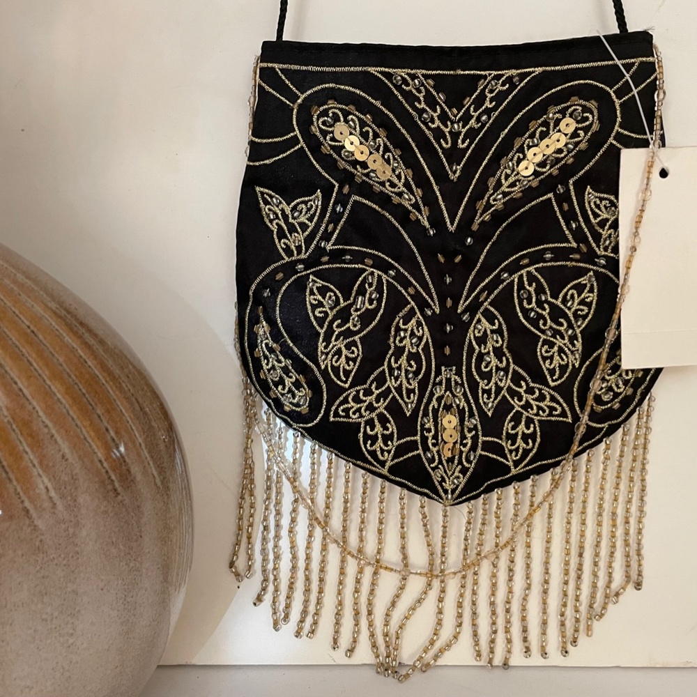 Silk beaded Bohemian Hipster, Silky bag w/gold fringed beading NWT
